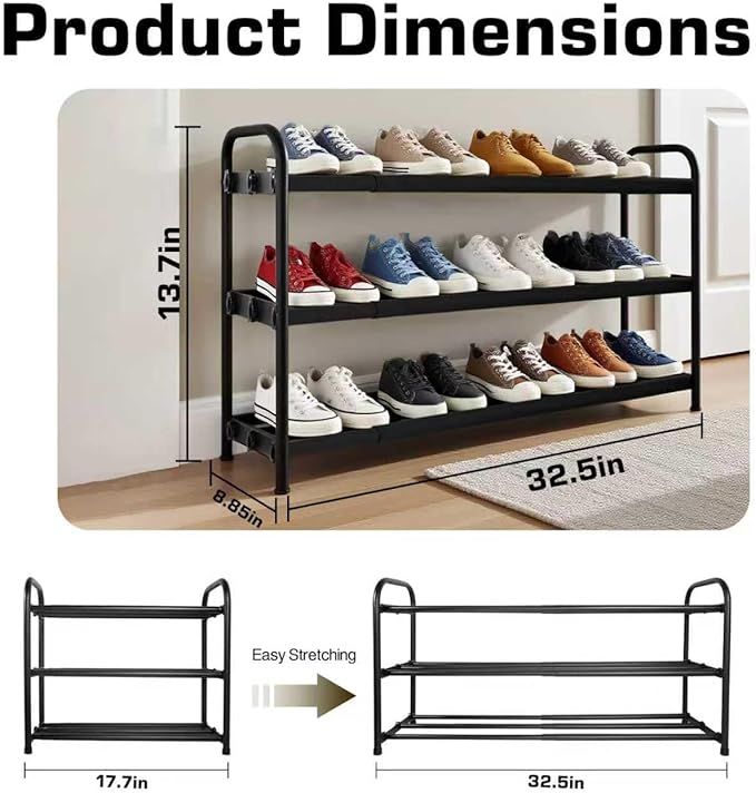 HESPULA 3-Tier Shoe Rack，Stainless Steel Shoe Organizer Storage Shelf，No Tools Required Hand-Tightened Screws，Space Saving for Entryway，Closet，Garage (Black)