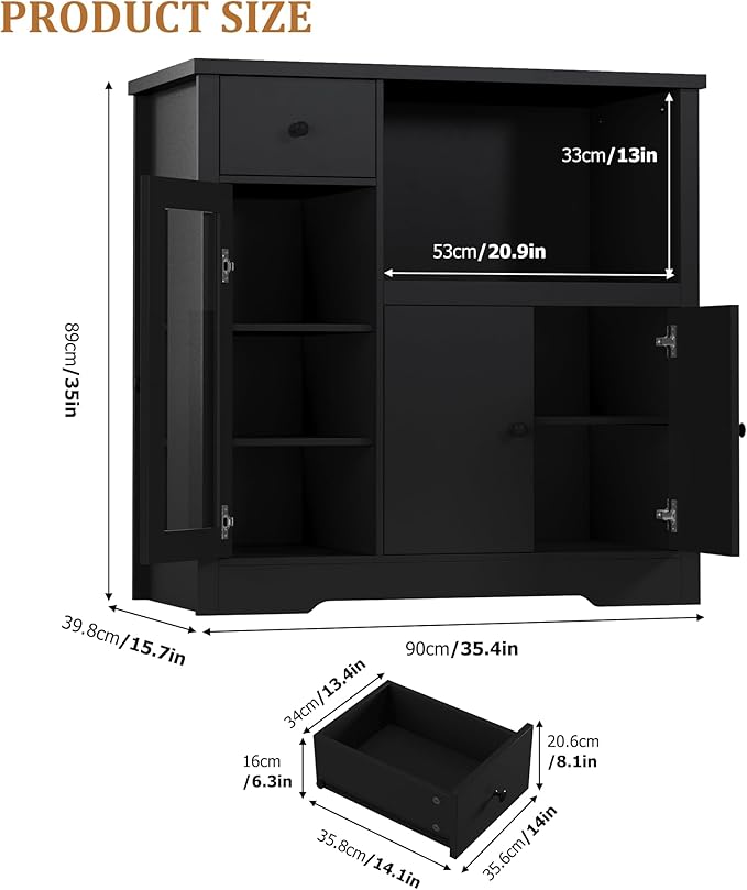 GarveeHome Kitchen Microwave Cabinet with Storage and Drawers, Modern Small Buffet Cabinet with Glass Doors and Adjustable Shelf, Wooden Sideboard with Wide Top for Dining Room, Living Room, Black