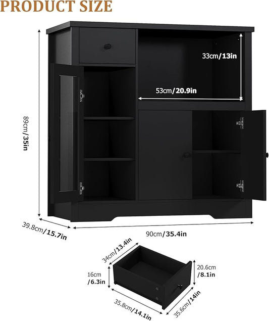 GarveeHome Kitchen Microwave Cabinet with Storage and Drawers, Modern Small Buffet Cabinet with Glass Doors and Adjustable Shelf, Wooden Sideboard with Wide Top for Dining Room, Living Room, Black