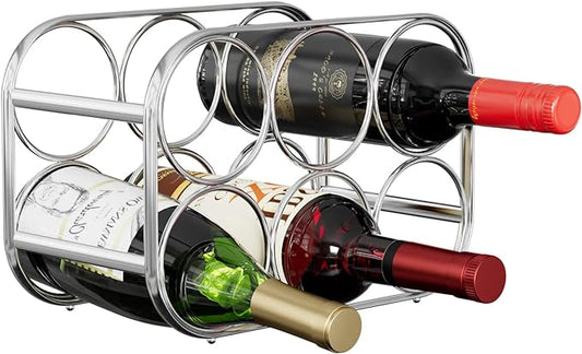 Buruis 6-Bottle Wine Rack, Modern Metal Countertop Wine Holder Stand for Kitchen, Pantry & Cabinet Storage, No Assembly Required, Silver