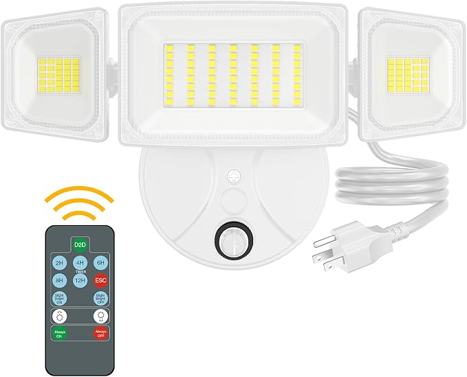 Onforu Plug in Flood Light,60W 6000LM Dusk to Dawn Outdoor Lighting,with Remote,IP65 Waterproof,3 Adjustable Heads Light for Garage Yard