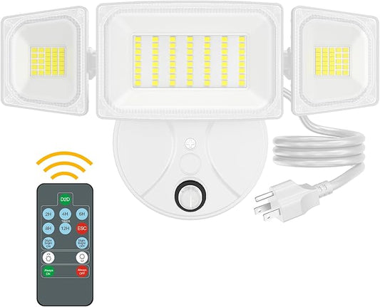 Onforu Plug in Flood Light,60W 6000LM Dusk to Dawn Outdoor Lighting,with Remote,IP65 Waterproof,3 Adjustable Heads Light for Garage Yard