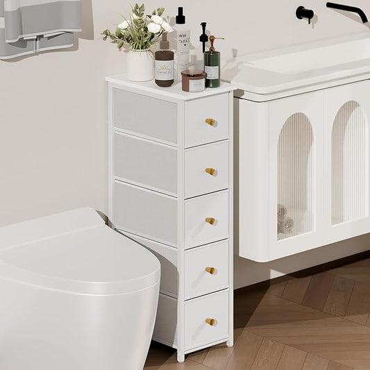 Narrow Storage Cabinet for Small Spaces Slim Skinny Bathroom Dresser Tall Dorm Nightstand Thin Organizer for Bathroom Bedroom (White, 5 Drawers)