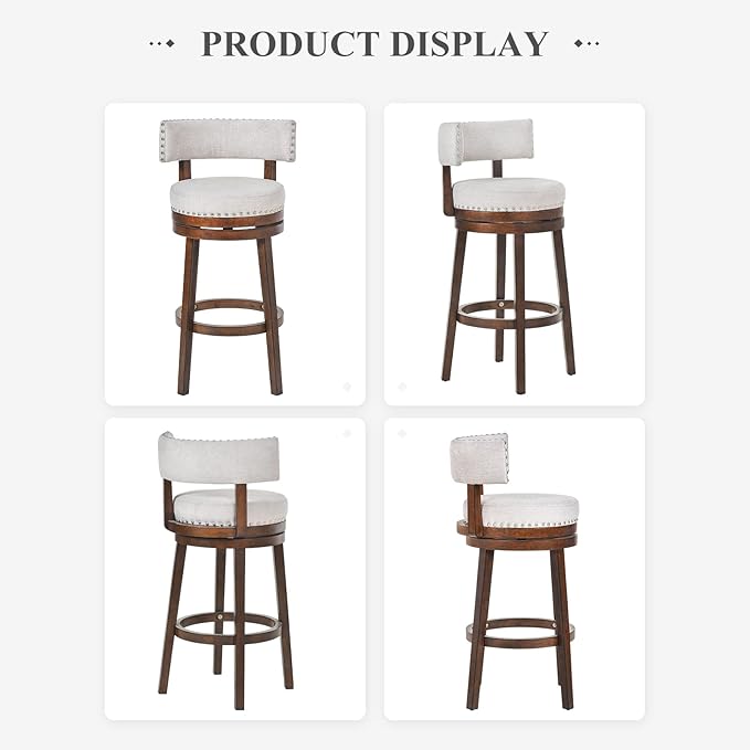 COLAMY Swivel Bar Stool Set of 2, Bar Height Bar Chair, Modern Barstool with Back, Upholstered Wood Barstool for Kitchen Island Dining Room, Beige