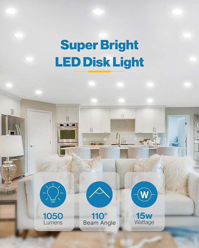 Sunco 48 Pack 5/6 Inch LED Disk Lights, Flush Mount Disc Recessed Ceiling Can Lighting, 1050 LM, 3000K Warm White, Dimmable, 15W=75W, Damp Rated ETL.