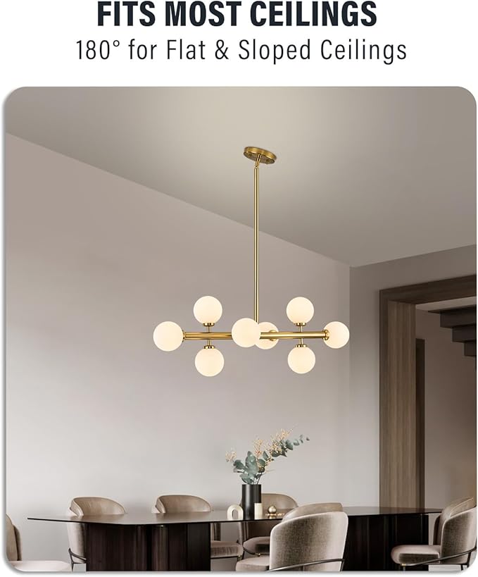 Modern Linear Chandeliers for Dining Room, 8-Light Globe Sputnik Pendant Ceiling Light, Brass Gold Dining Room Light Fixture Over Table, Mid Century Glass Milk White Bubble, 31.5 Inch, GC-09