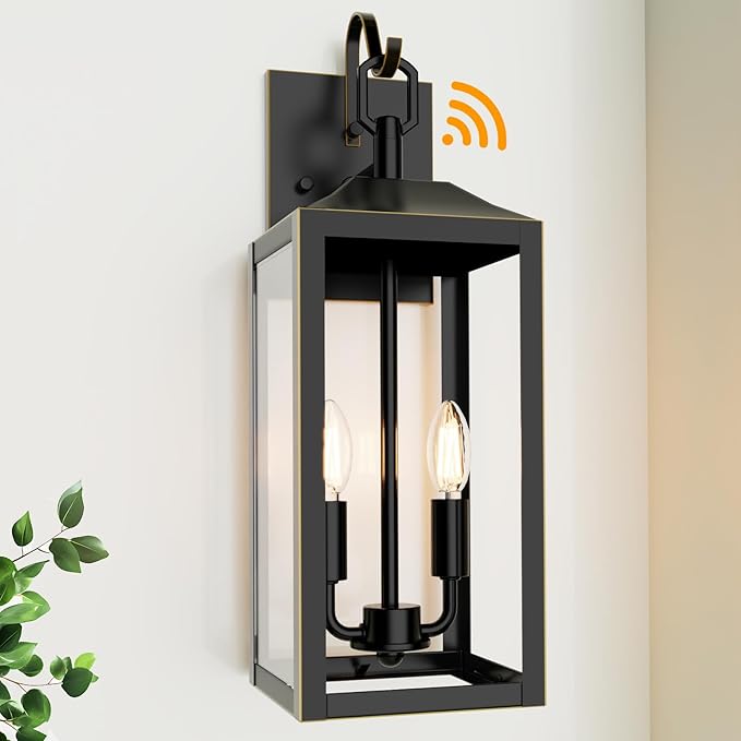 18'' Large Dusk to Dawn Outdoor Lighting, Exterior Sensor Outdoor Wall Lights, Industrial Front Porch Light with Clear Glass, Waterproof Black Gold Anti-Rust Outdoor Lights for House Garage