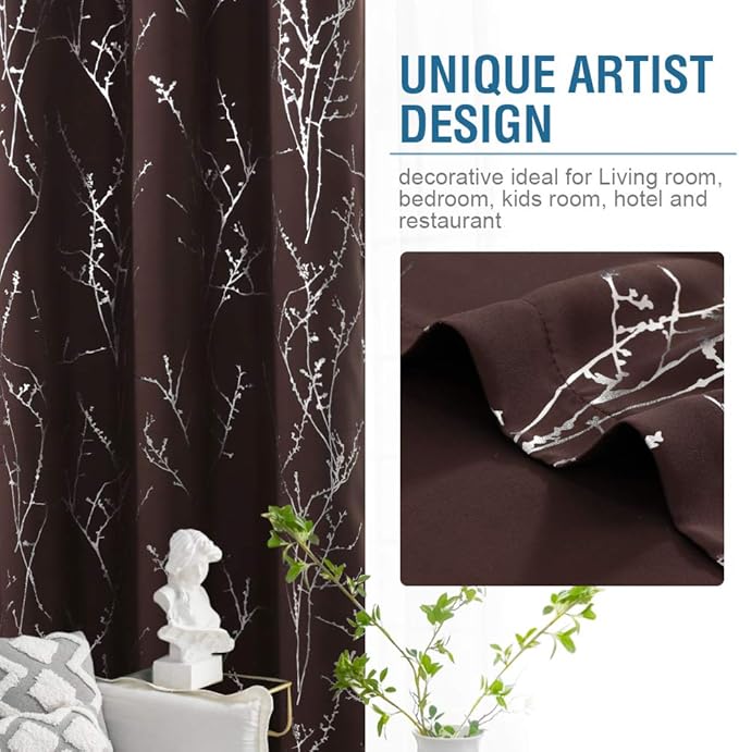 H.VERSAILTEX Blackout Curtains for Bedroom Foil Print Twig Tree Branch Thermal Insulated Grommet Curtain Drapes Light Blocking Thick Soft Window Curtains for Living 52 x 63 Inch, 2 Panels, Brown