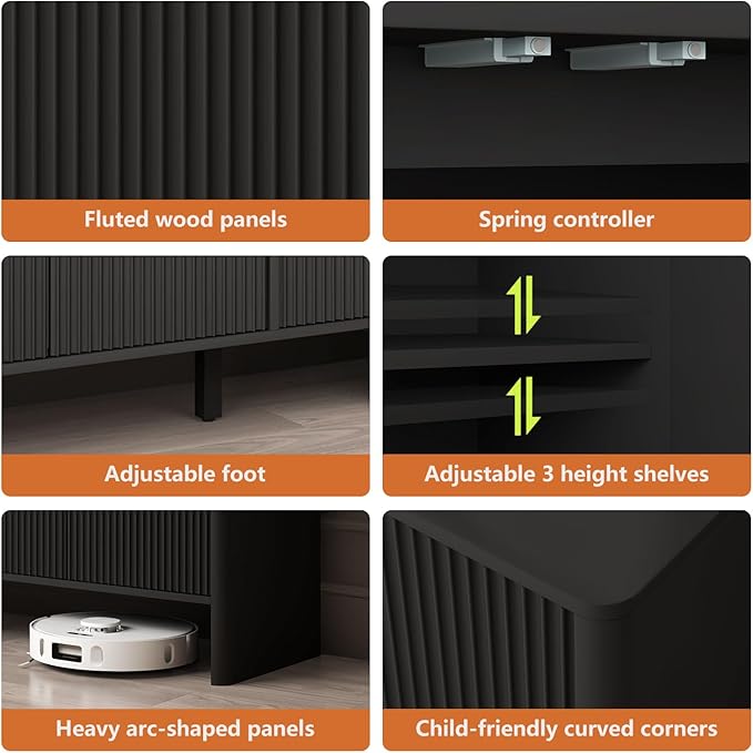 Fluted Sideboard with Doors & Shelves - Buffet & Credenza Storage - Under TV or Bedroom/Entryway Cabinet - Black