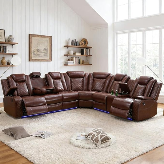 Power Reclining Sectional Sofa with LED, Leather Recliner Couch for Living Room/Home Theater, Sectional Reclining Couches with Wireless Charging/Hide-Away Storage