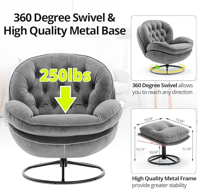 Velvet Swivel Accent Chair with Ottoman Set, Modern Lounge Chair with Metal Base Frame & Footrest, Comfortable Single Leisure Sofa Chair Reading Chair with 360 Degree Swiveling for Living Room, Gray
