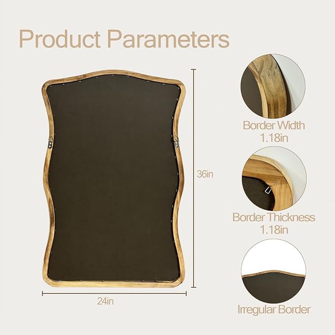 ULIKE Wavy Wall Mirror for Bathroom, 24x36 Wood Frame Mirror for Over Sink, Rustic Wall Mirrors Decorative and Vanity Mirrors for Bedroom Living Room Entryway, Brown