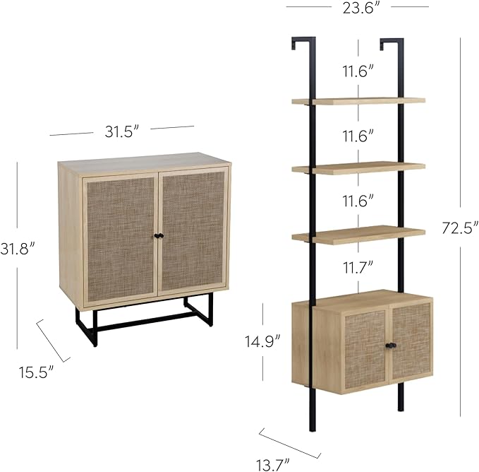 Nathan James Kova Boho Rattan and Wood TV Wall Shelving Unit Accent Storage Cabinet with Metal Frame and Cane Doors, Light Oak/Black