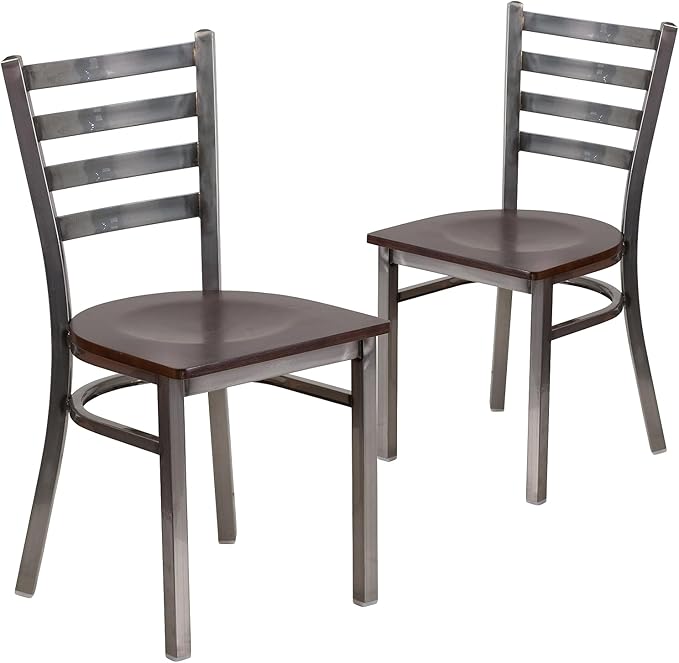 Flash Furniture HERCULES Series Clear Coated Ladder Back Metal Restaurant Chair - Walnut Wood Seat