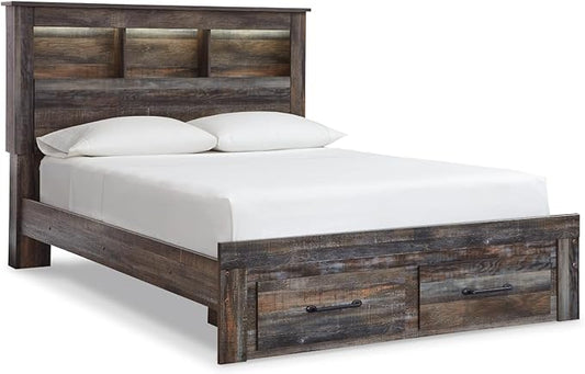 Signature Design by Ashley Drystan Rustic Queen Bookcase Bed with 2 Storage Drawers and LED Light, Foundation or Box Spring Needed, Dark Brown & Gray