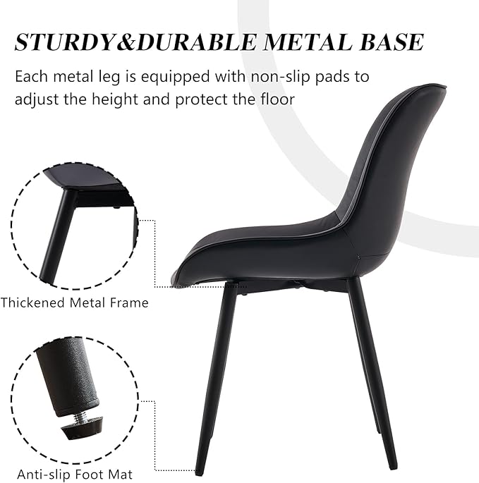 YOUNIKE Black Faux Leather Dining Chairs Set of 2 Mid-Century Modern High Padded Back Comfy Upholstered Kitchen Chairs with Metal Legs Wide Seat Accent Side Chair for Dining/Living/Waiting Room