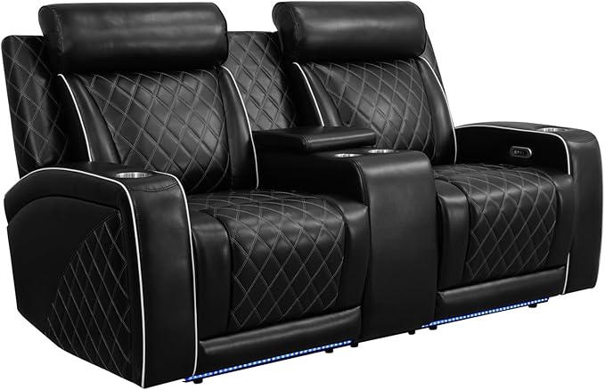 Power Reclining Loveseat for Living Room, Air Leather Recliner Couch with Storage Console, Cup Holders, LED Lighting&USB Charging Port for Home Theater RV (Black)