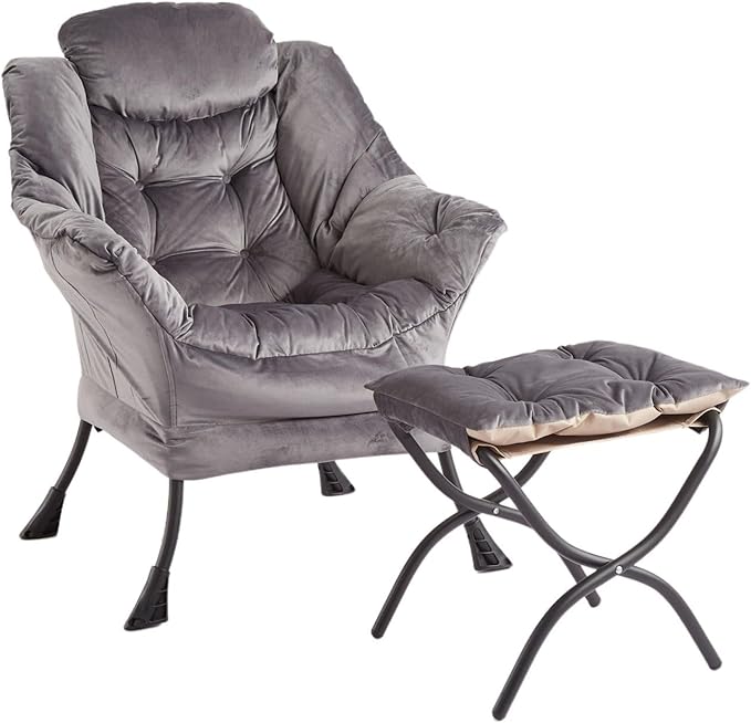 GarveeHome Lazy Chair with Ottoman, Modern Lounge Accent Chair, Leisure Sofa Armchair with Footrest, Reading Armchair with Side Pocket for Living Room, Bedroom, Dorm & Office (Dark Grey, 1PCS)