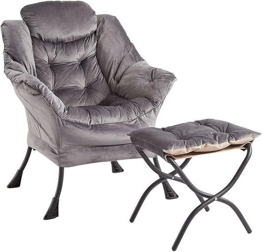 GarveeHome Lazy Chair with Ottoman, Modern Lounge Accent Chair, Leisure Sofa Armchair with Footrest, Reading Armchair with Side Pocket for Living Room, Bedroom, Dorm & Office (Dark Grey, 1PCS)