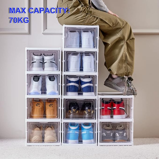 Shoe Rack Shoe Storage Box Bins Clear Collapsible Plastic Installation-Free Size up to 14, Stackable Foldable Tote with Lids Organizing Dustproof 6-Tiers