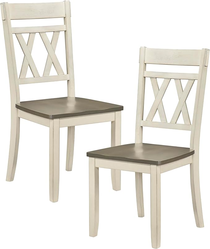 Lexicon Farmhouse Wood Dining Chair, Set of 2, Double Cross Back, Rustic Armless Chairs, Kitchen and Dining Room Furniture, Two-Tone Finish (Greywash and Antique White)