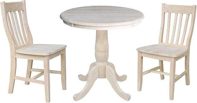 IC INTERNATIONAL CONCEPTS 30" Round Top Solid Wood Pedestal Table with 2 Dining Chairs in Unfinished