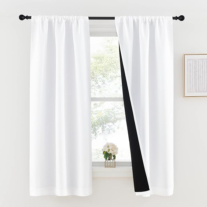 NICETOWN White 100% Blackout Lined Curtains, 2 Thick Layers Completely Blackout Rod Pocket Thermal Insulated Drapes for Kitchen/Bedroom (1 Pair, 37 inches Width x 63 inches Length Each Panel)