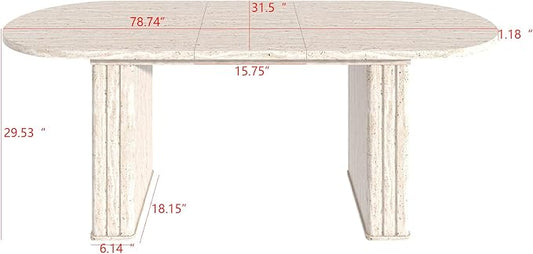 KEIKI 63"-78.7" Extendable Oval Kitchen Dining Table for 4-8 People, Modern Farmhouse Wood Strip Base with Veined Travertine Pattern, Large Dining Room Table for Living Room, Beige