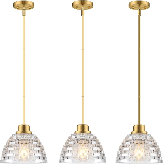 3 Pack Glass Pendant Lights Kitchen Island 8.7 Inches Modern Gold Glass Pendant Light Fixtures Brass Hanging Lighting for Kitchen Over Sink Dining Room Bedroom E26