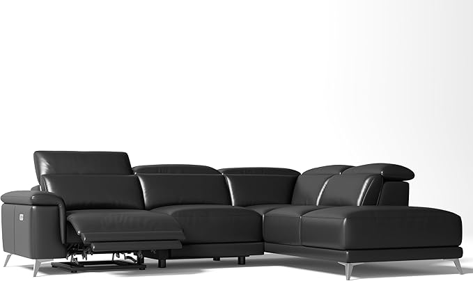 Valencia Pista Leather Reclining Sectional Sofa with Right Hand Chaise - Italian Nappa 11000 Top Grain Leather Couch - Power Reclining Seat with Leggett Adjustable Headrests - Black