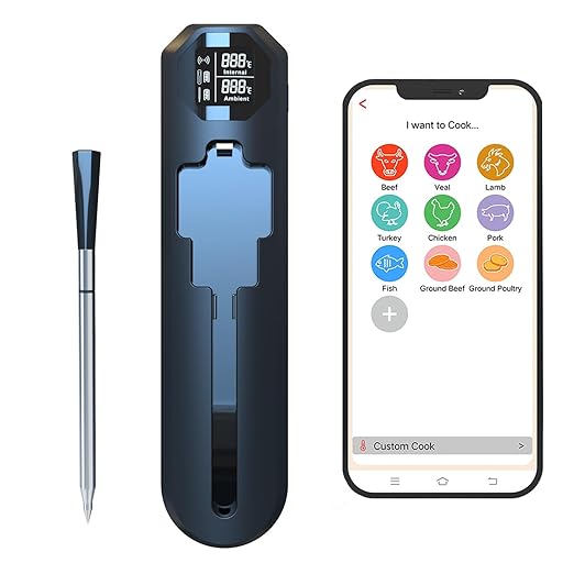 Smart Meat Thermometer-Smart Meat Thermometer Wireless - App Monitoring, Ambient Temperature Sensor, Alarm Reminders, 820-Foot Range, Suitable for Smokers, Barbecues, Turkeys, Beef, and Cooking
