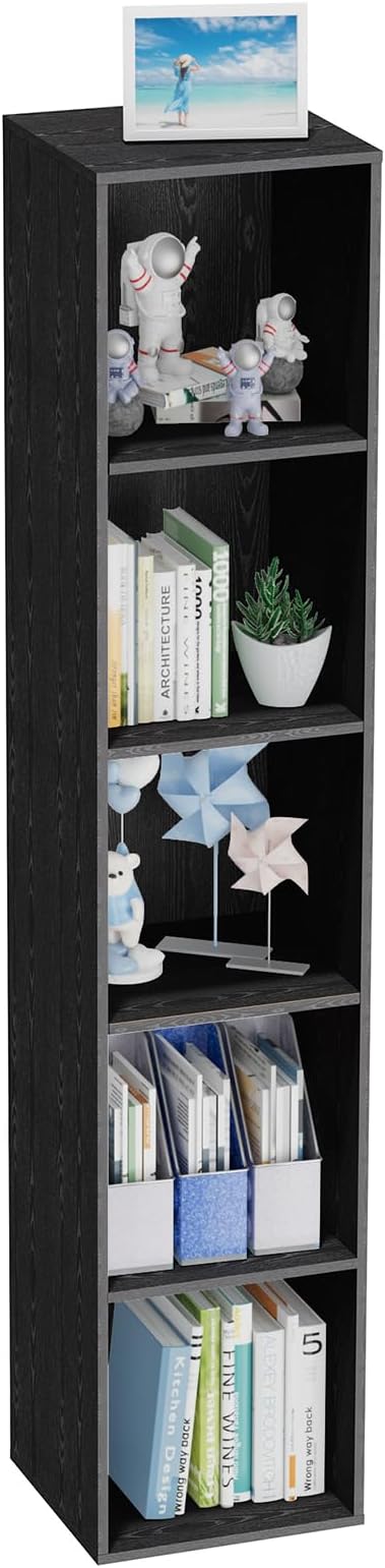 5 Tier Bookshelf, Open Tall Narrow Floor Standing Bookcase, Wooden Book Shelf Display Organizer for Home Office, Study (Black, 5 Cube)