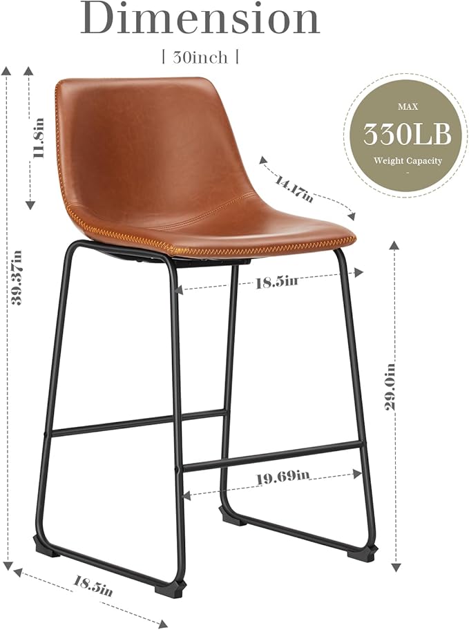 NEWBULIG 30 Inch Counter Height Bar Stools Set of 4, Armless Bar Height Stools, Faux Leather Barstools with Back, Kitchen Island Chairs, Comfortable Modern Chairs with Metal Legs, Classic Brown