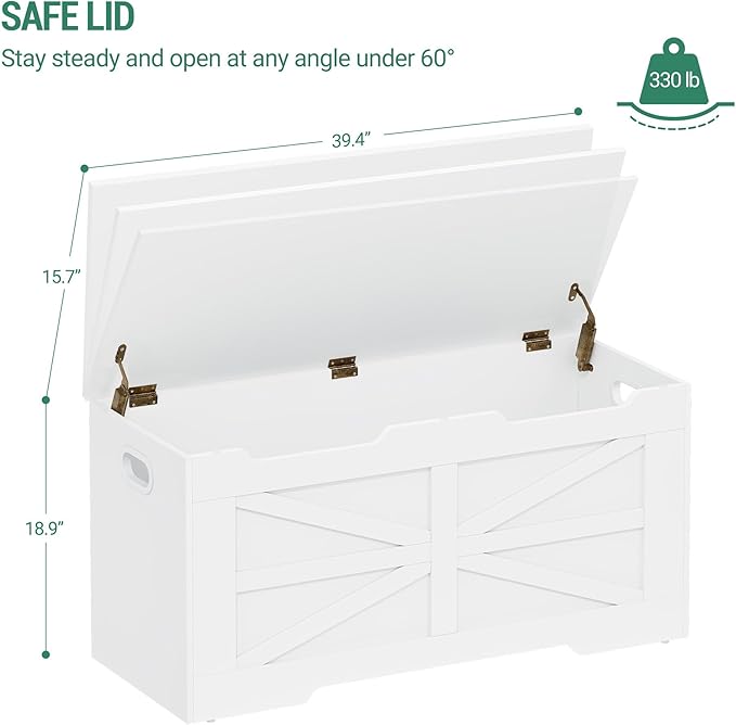 39.4" Storage Chest, Extra Large Storage Trunk with 2 Hinges, Wooden Box Bench, Lift-Top Organizer Chest, Shoe Bench for Entryway, Bedroom, Living Room, White SB03403X