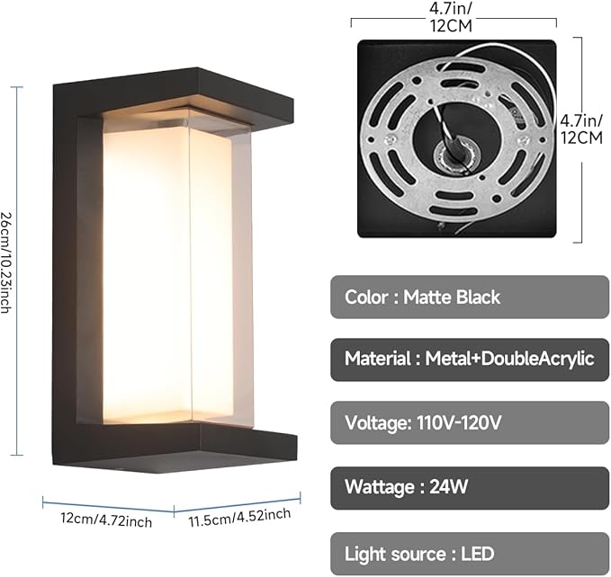 24W Outdoor Porch Light,15%-100% Dimmable Outdoor Wall Lights,3000K/4000K/6500K Adjustable Outdoor Modern Wall Sconce Lights,Waterproof Exterior Wall Lighting,2160LM Indoor Wall Sconce 4 Pack