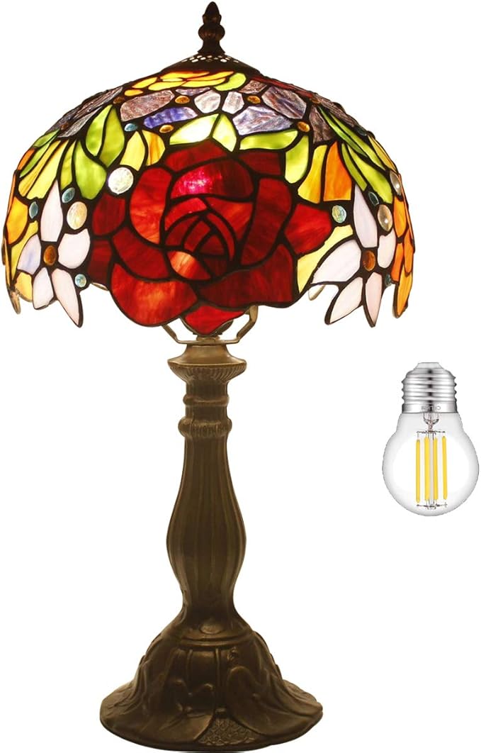 WERFACTORY Tiffany Style Table Lamp Stained Glass Bedside Lamp Red Rose Desk Reading Light 10X10X18 Inches Decor Bedroom Living Room Home Office S001 Series
