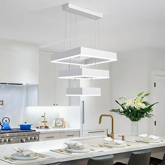 O'NEELDY 58W Square Chandelier Modern Pendnat Light with White Ring LED Chandeliers Adjustable Hanging Lamp Fixtures for Dining Room Kitchen Island Bedroom Cafe