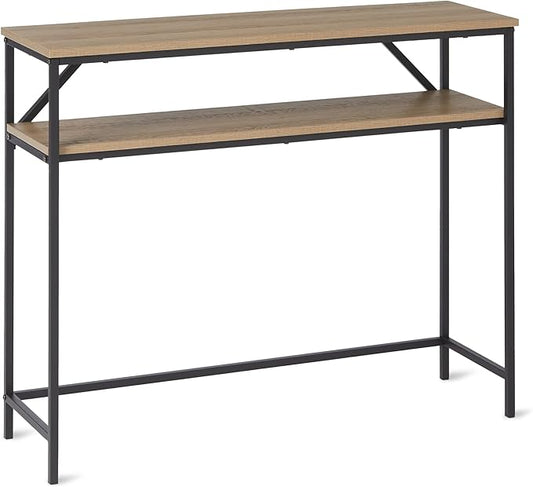 Amazon Basics Rectangular Console Table with Storage Shelf, Steel Frame, Oak Finish, 39.4"W x 31.5"H x 11.8"D