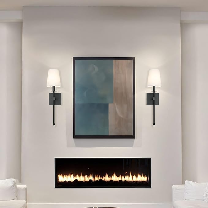 XiNBEi Lighting Black Wall Sconces Set of 2, Classic Sconces Wall Lighting with Flared White Fabric Shade 1 Light Wall Lamps for Bedroom Bedside Corridor & Living Room