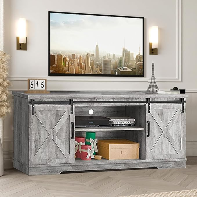 GAOMON Farmhouse TV Stand for 65 Inch TV Entertainment Center TV Media Console Cabinet, TV Stand with Storage, Barn Doors and Shelves, Tall Modern TV Console Table Furniture for Living Bedroom (Grey)