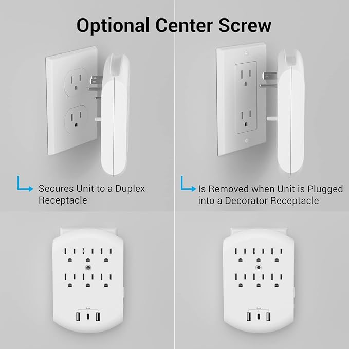 Clear Power 6 Outlet Extender Multi Plug Outlet Splitter, Nightlight, Wall Charger, 3-Prong, White, ETL Listed, DC3S-1005-DC
