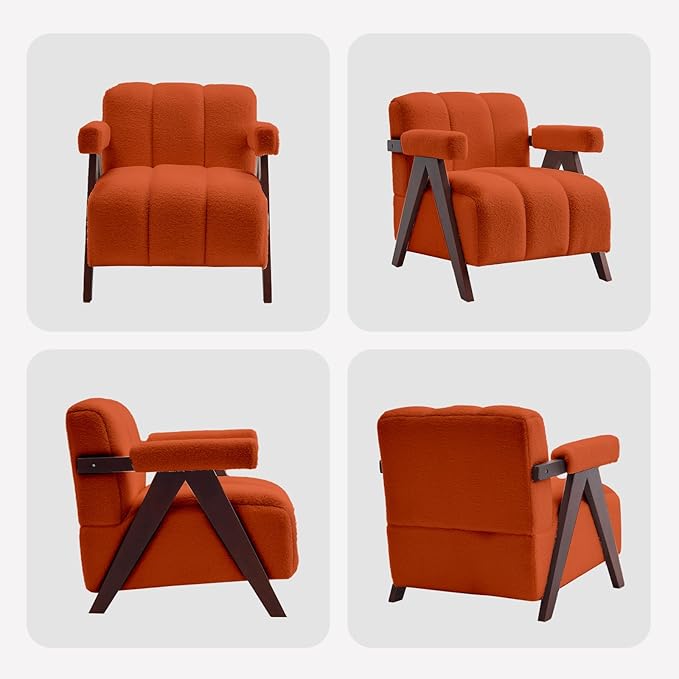 Accent Chairs Set of 2 Mid-Century Modern with Wide Backrest for Bedroom, Upholstered Living Room Chair with Wooden, Lounge Armchair with Thick Cushion, Cute Teddy Comfy Chair, Orange