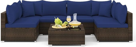 Tangkula 7 Piece Patio Wicker Furniture Set, Outdoor Rattan Sectional Sofa Set for 6 with Seat & Back Cushions, 2 Throw Pillows, Sofa Fastener Clips, for Backyard, Poolside, Deck (Mix Brown+Navy)