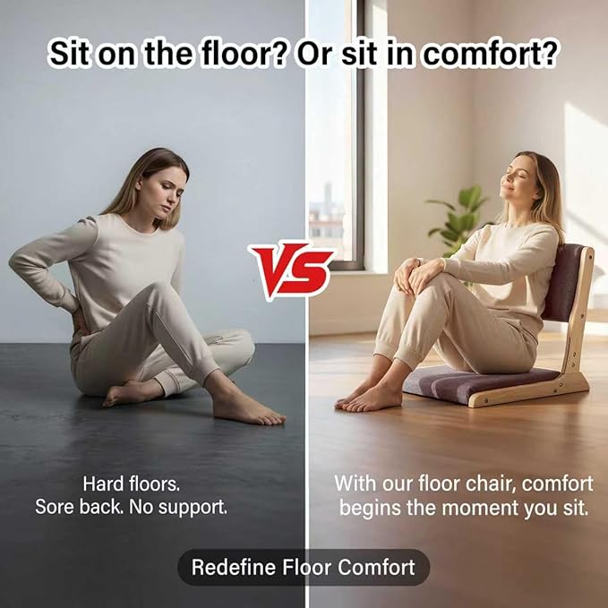 Tiita Tatami Foldable Meditation Floor Chair, Folding Floor Chairs Seat, Portable Japanese Legless Chair, Lazy Sofa for Bay Window Reading, Back Rest Chairs with Cushion, Wood Grey