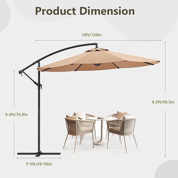 10FT Patio Umbrella, Cantilever Outdoor Umbrella with 360° Rotation & Tilt Adjustment, Offset Patio Umbrella with UV-Resistant Waterproof Canopy for Backyard, Pool, Garden