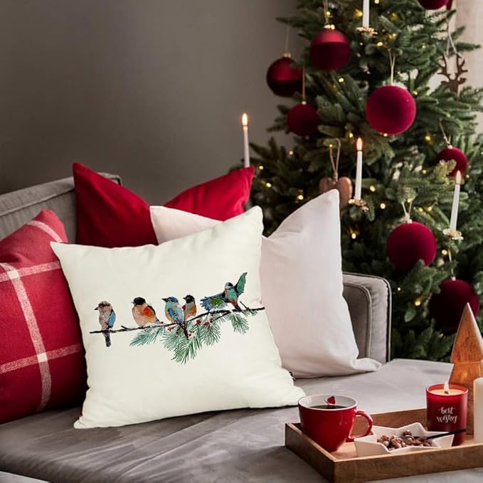 RABUSOFA Christmas Outdoor Pillow Covers Waterproof 18x18 Inch Birds Christmas Decorations Winter Throw Pillow Cases Xmas Birds Decor Decorative Pillows for Couch Holiday Teal