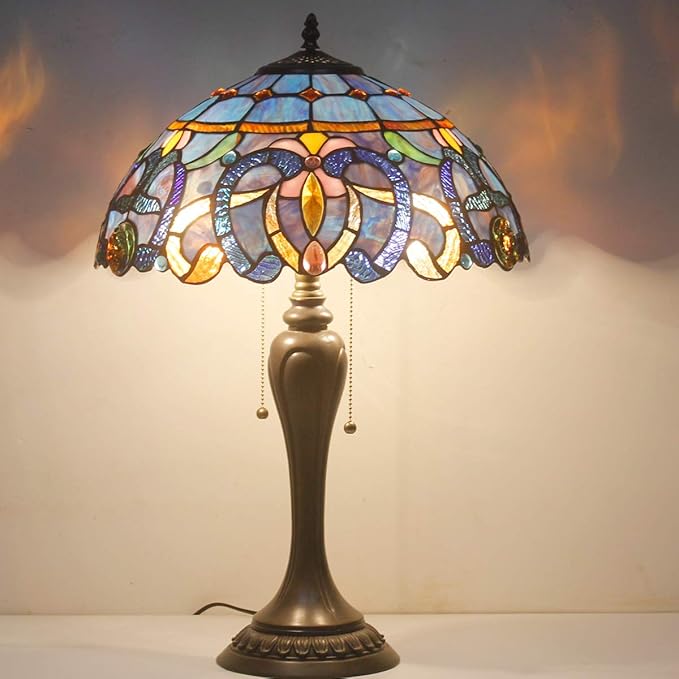 WERFACTORY Tiffany Lamp Blue Purple Cloud Stained Glass Style Table Lamp 16X16X24 Inches Desk Bedside Reading Light Resin Base Decor Bedroom Living Room Home Office S558 Series
