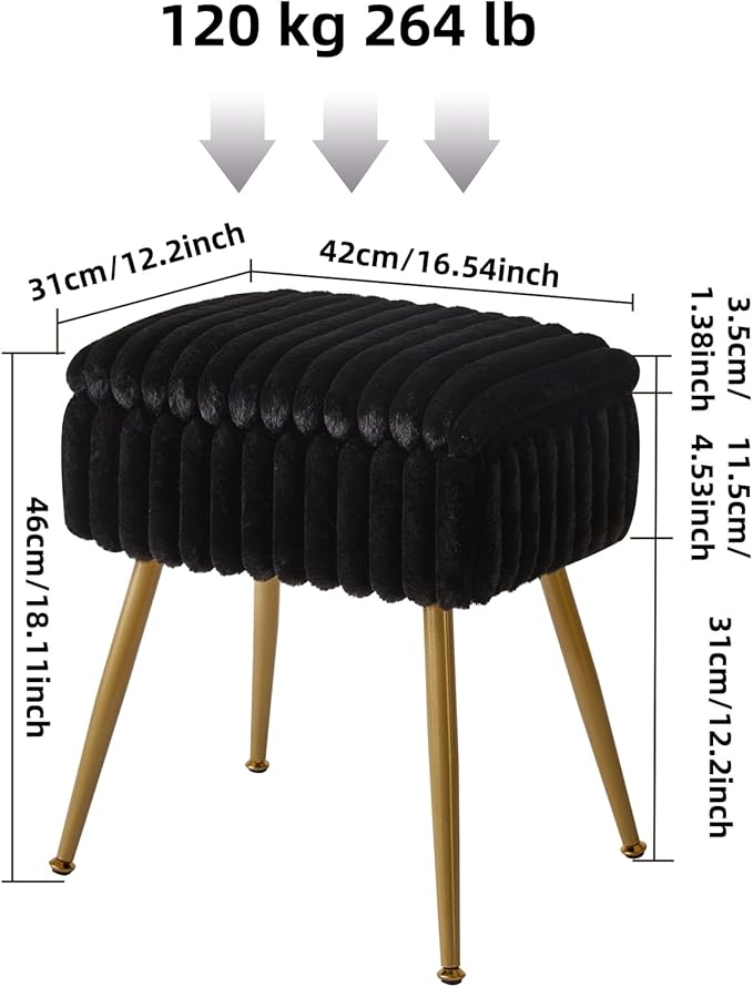 Vanity Stool with Storage, Faux Fur Vanity Chair, Footrest Ottoman, Multifunctional Makeup Vanity Chair for Bedroom Black YD-MS151B