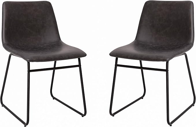 Taylor & Logan Butler 18 inch Dining Table Height Chair, Mid-Back Sled Base Dining Chair in Dark Gray Faux Leather with Black Frame, Set of 2