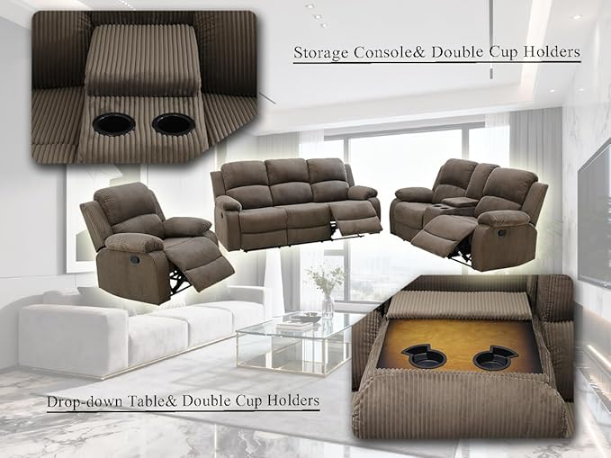 Peanut Brown Corduroy Manual Reclining Sofa Set with Recliner Seats, Living Room Furniture Sets, 3PCS Recliner Sofa with Drop-down Table, Cup Holders and Storage Console for Living Room,Office